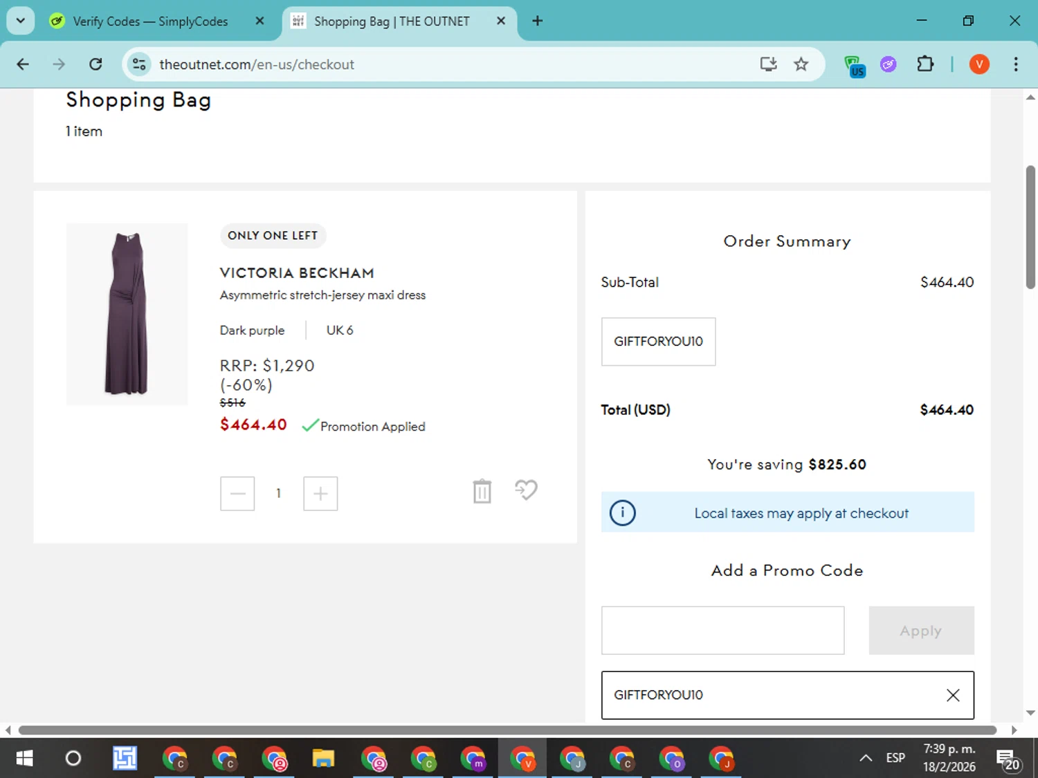 THE OUTNET checkout page showing THE OUTNET promo code box | Screenshot taken by SimplyCodes community member on Feb 18, 2026