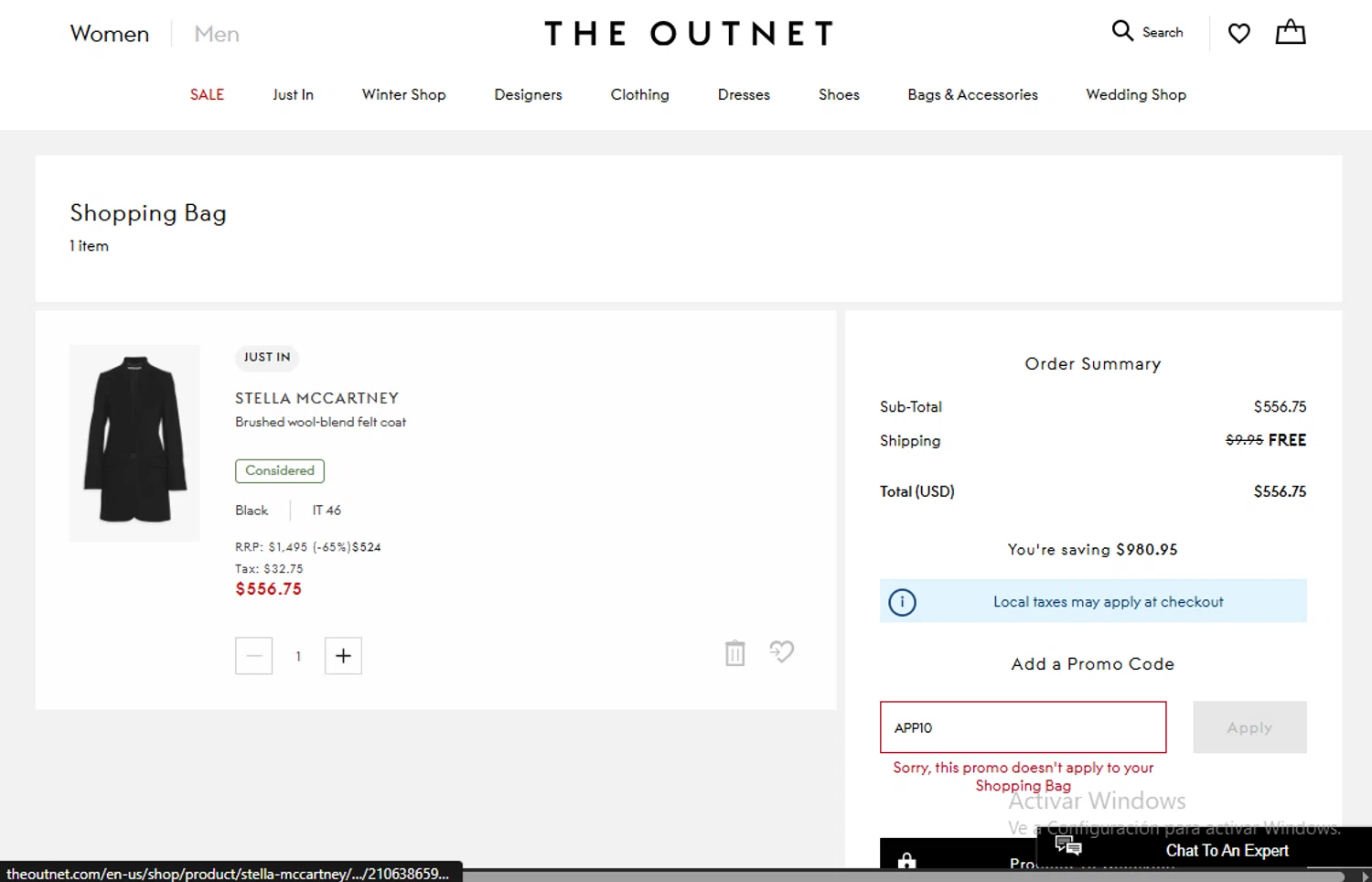 THE OUTNET checkout page showing THE OUTNET promo code box | Screenshot taken by SimplyCodes community member on Dec 28, 2025