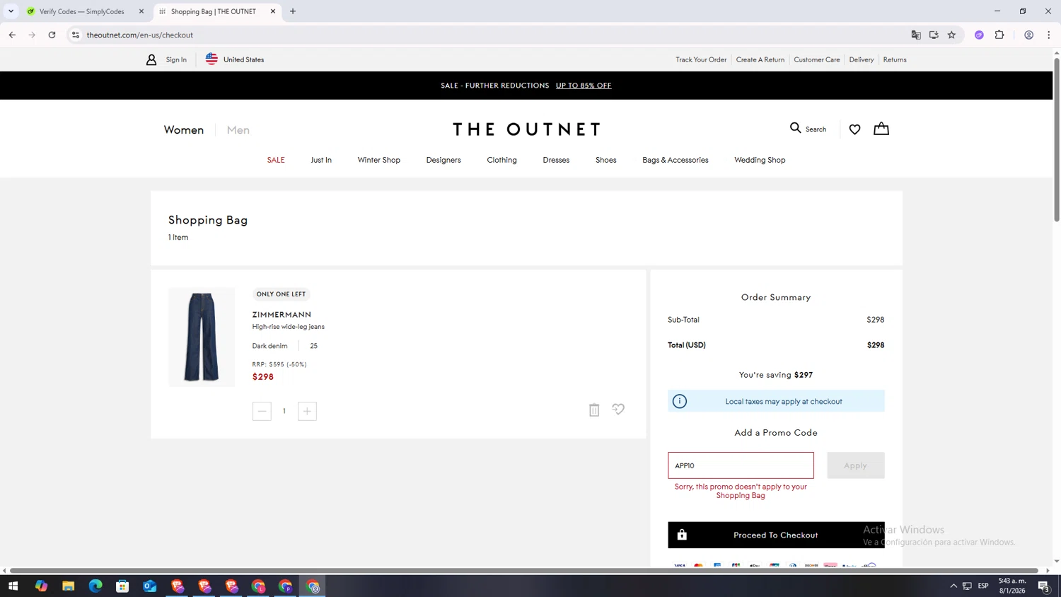 THE OUTNET checkout page showing THE OUTNET promo code box | Screenshot taken by SimplyCodes community member on Jan 8, 2026