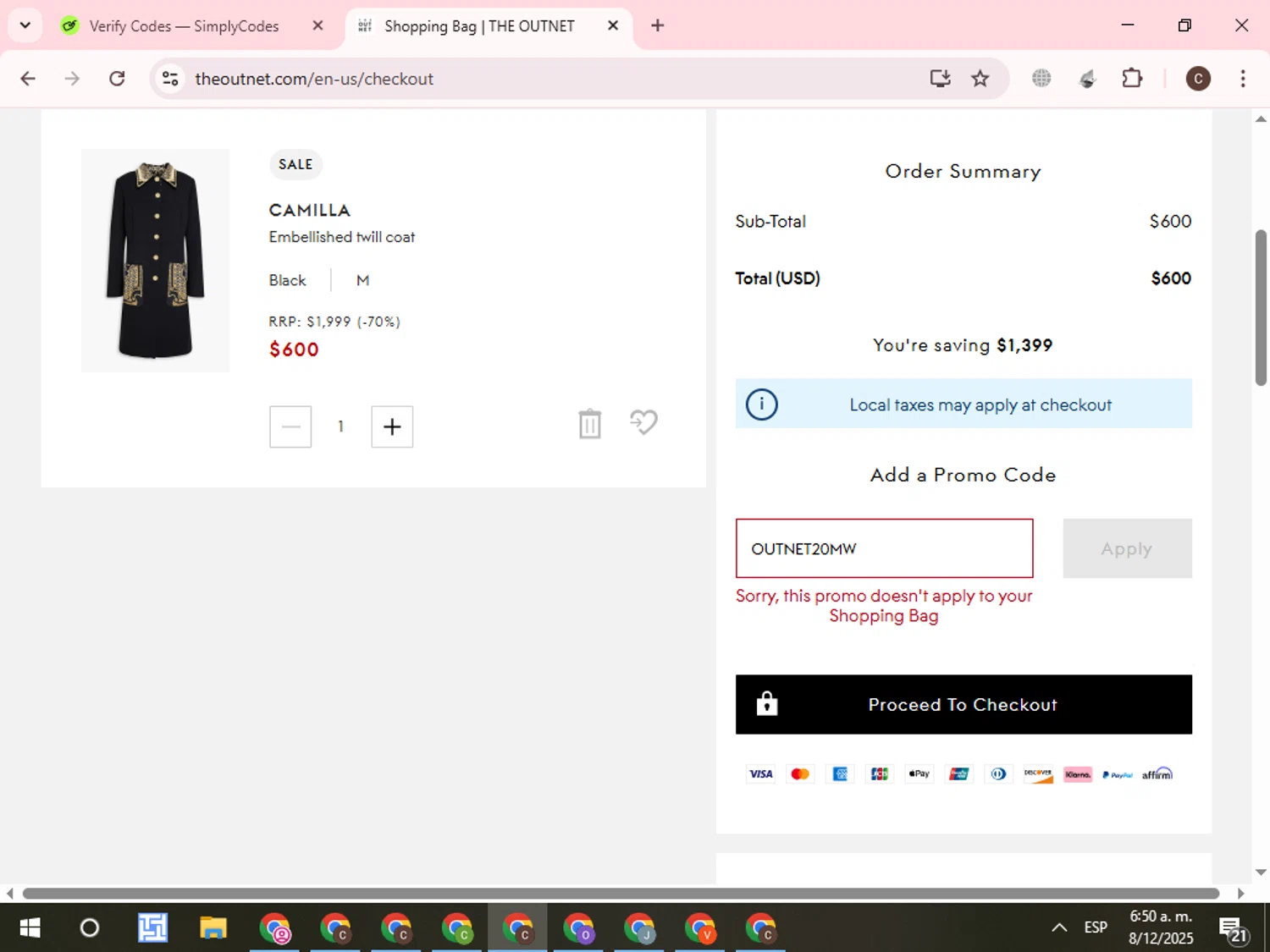 THE OUTNET promo code screenshot showing code OUTNET20MW applied at THE OUTNET checkout page. Uploaded by SimplyCodes community member WonderCurator7831 on Dec 8, 2025