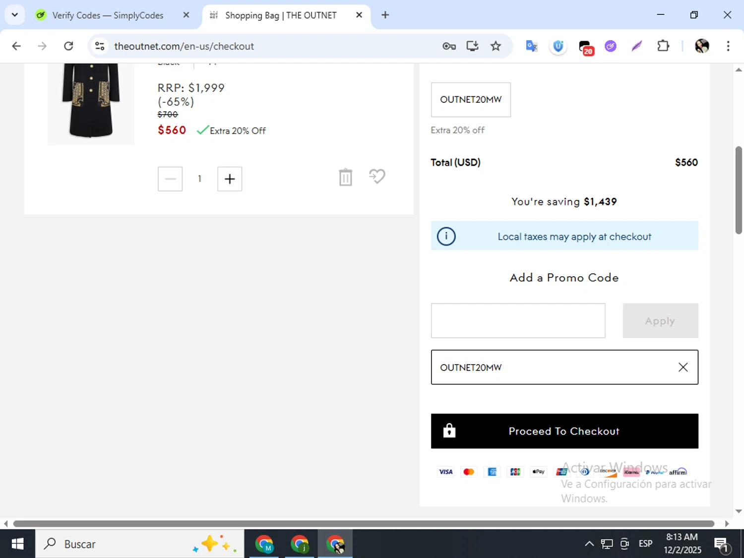 THE OUTNET promo code screenshot showing code OUTNET20MW applied at THE OUTNET checkout page. Uploaded by SimplyCodes community member mariapolancog on Dec 2, 2025