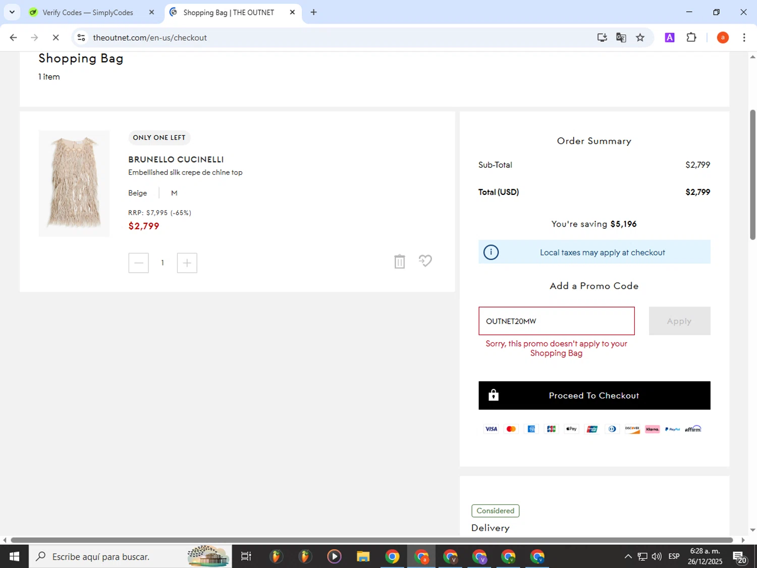 THE OUTNET promo code screenshot showing code OUTNET20MW applied at THE OUTNET checkout page. Uploaded by SimplyCodes community member partenalgas on Dec 26, 2025