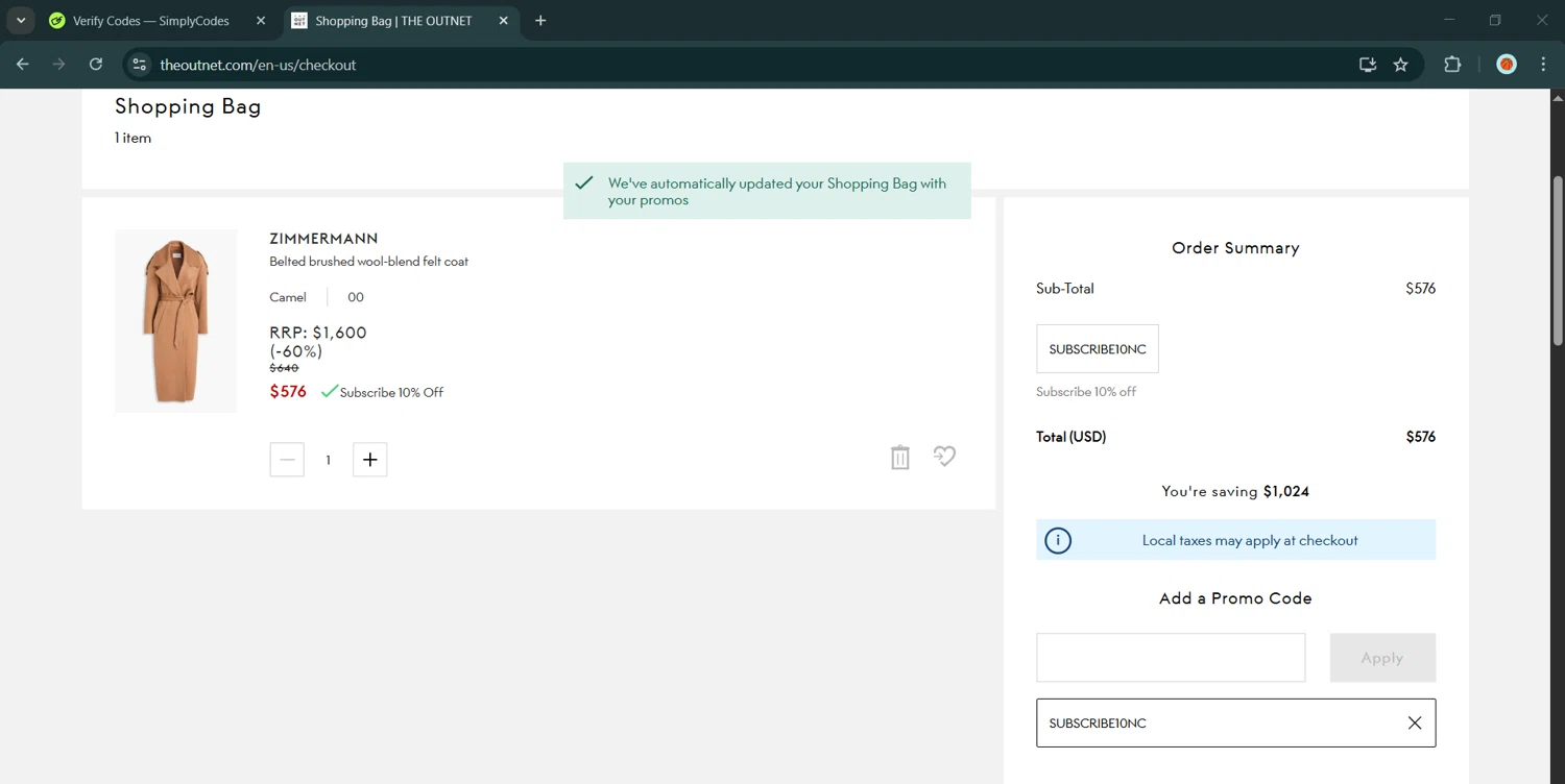 THE OUTNET promo code screenshot showing code SUBSCRIBE10NC applied at THE OUTNET checkout page. Uploaded by SimplyCodes community member MadaraUchiha07 on Feb 25, 2026