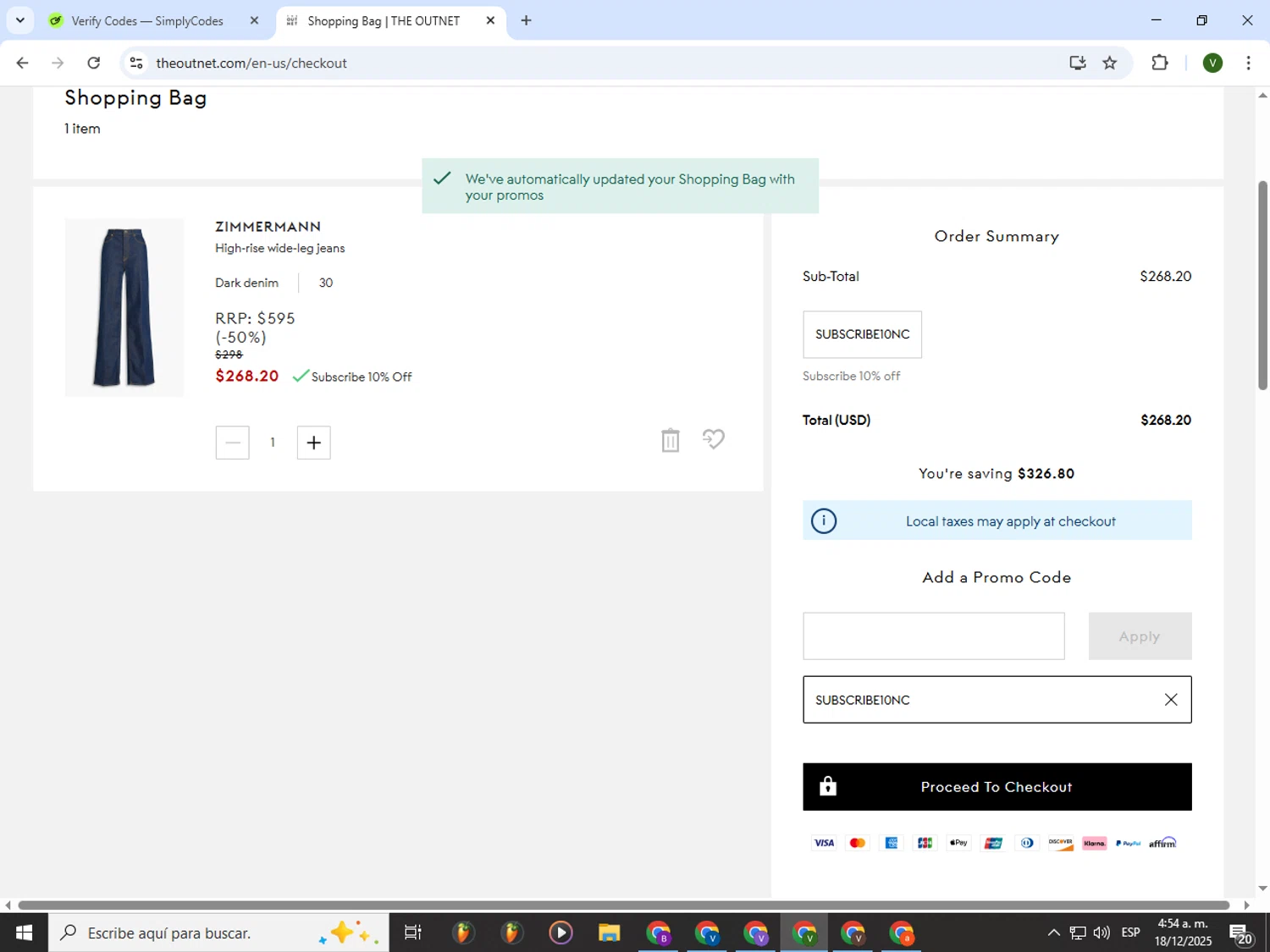 THE OUTNET promo code screenshot showing code SUBSCRIBE10NC applied at THE OUTNET checkout page. Uploaded by SimplyCodes community member PrimeWizard4168 on Dec 18, 2025