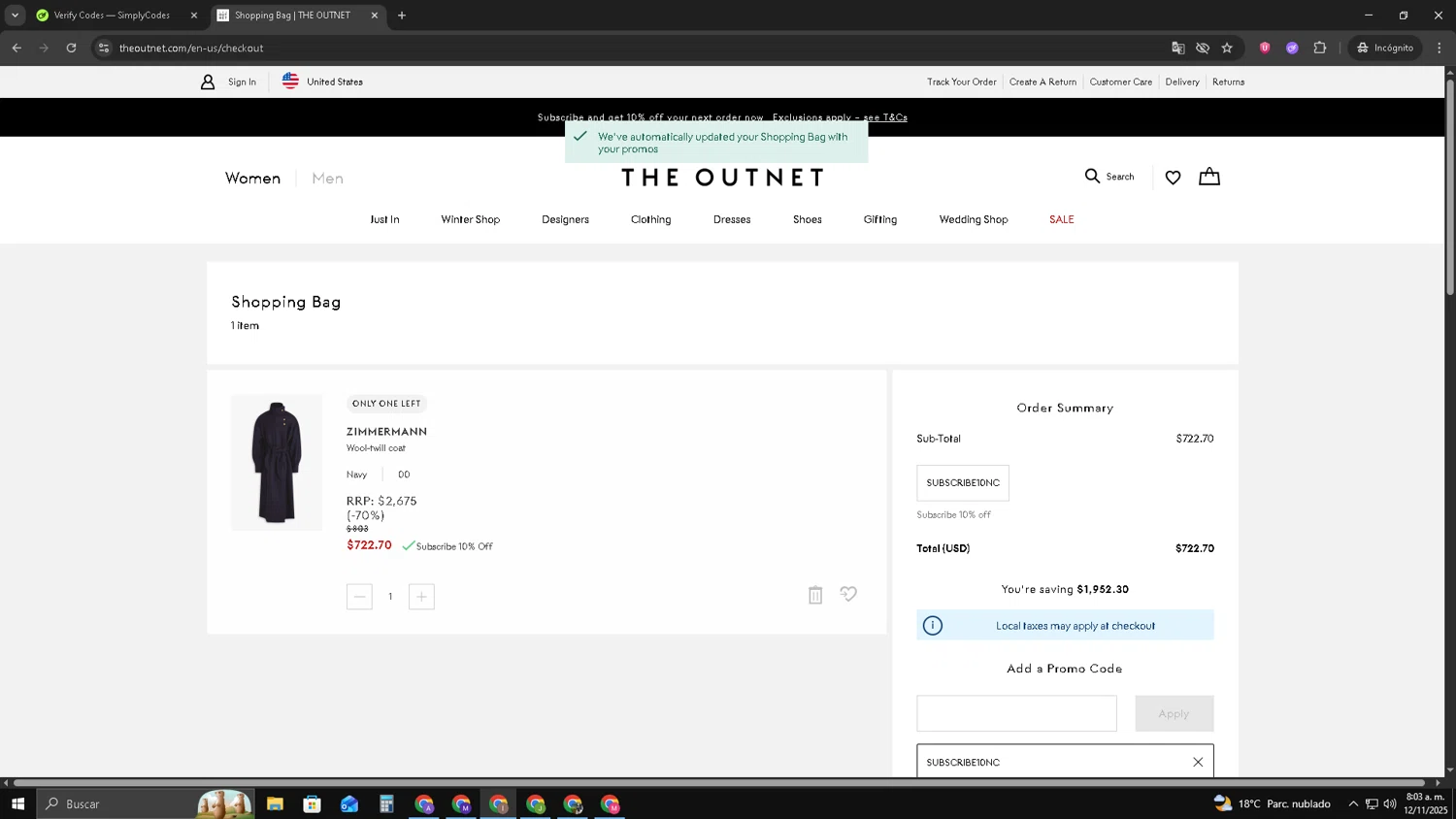 THE OUTNET promo code screenshot showing code SUBSCRIBE10NC applied at THE OUTNET checkout page. Uploaded by SimplyCodes community member pequenokalvin5 on Nov 12, 2025