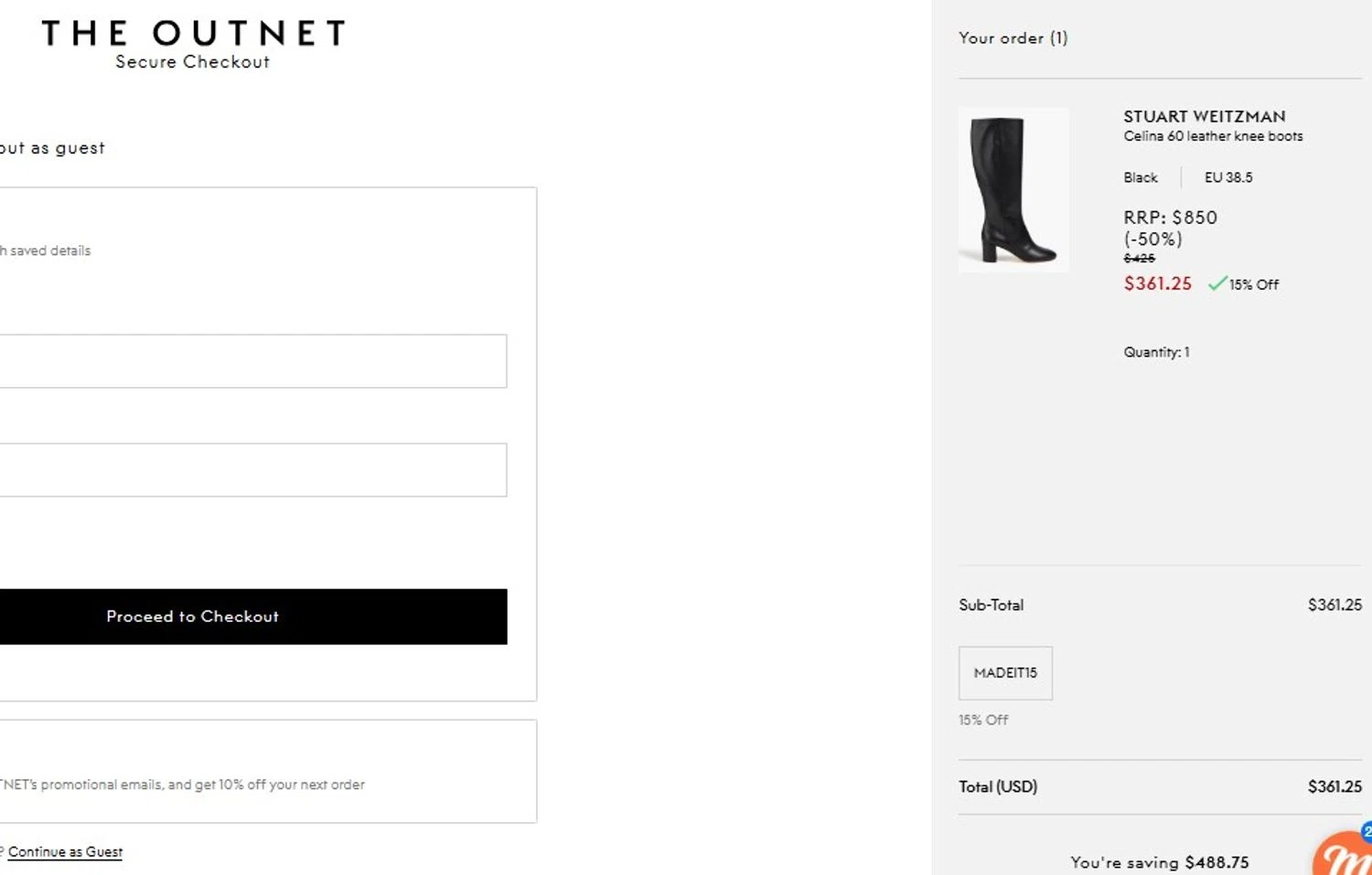 THE OUTNET promo code screenshot showing code MADEIT15 applied at THE OUTNET checkout page. Uploaded by SimplyCodes community member Elcompa on Nov 23, 2025