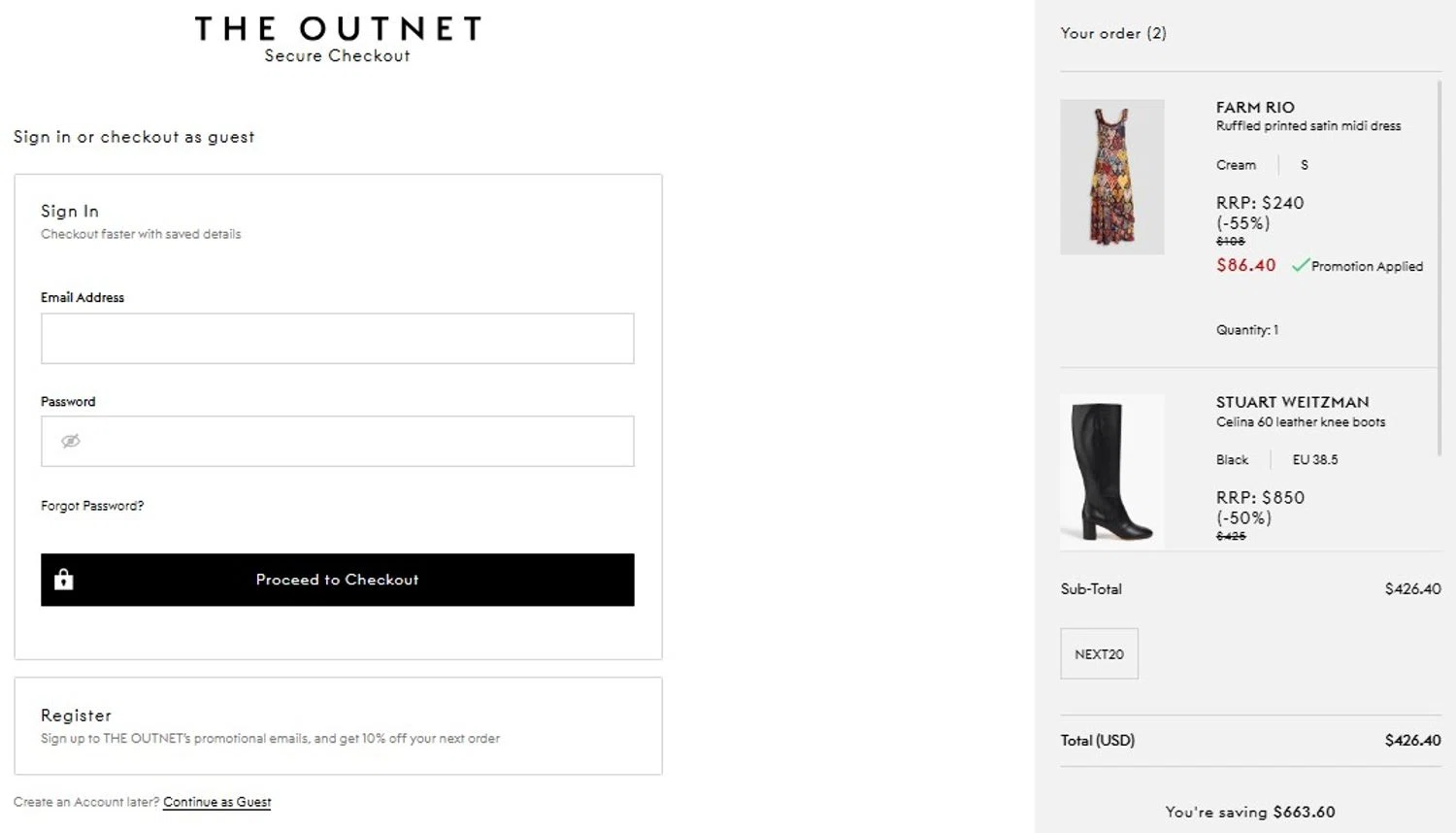 THE OUTNET promo code screenshot showing code NEXT20 applied at THE OUTNET checkout page. Uploaded by SimplyCodes community member Elcompa on Nov 23, 2025