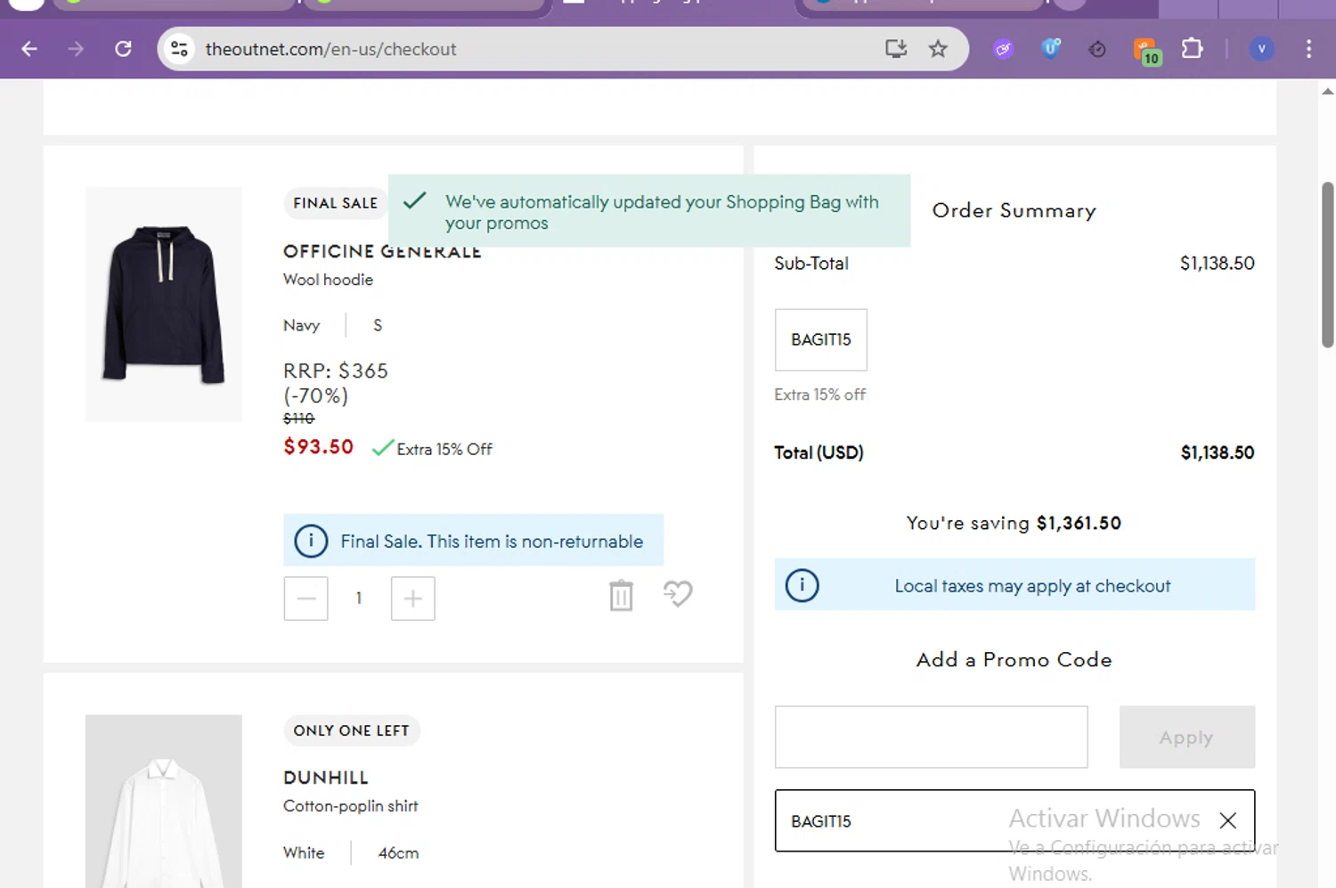 THE OUTNET promo code screenshot showing code BAGIT15 applied at THE OUTNET checkout page. Uploaded by SimplyCodes community member beatrizcastillo on Dec 18, 2025