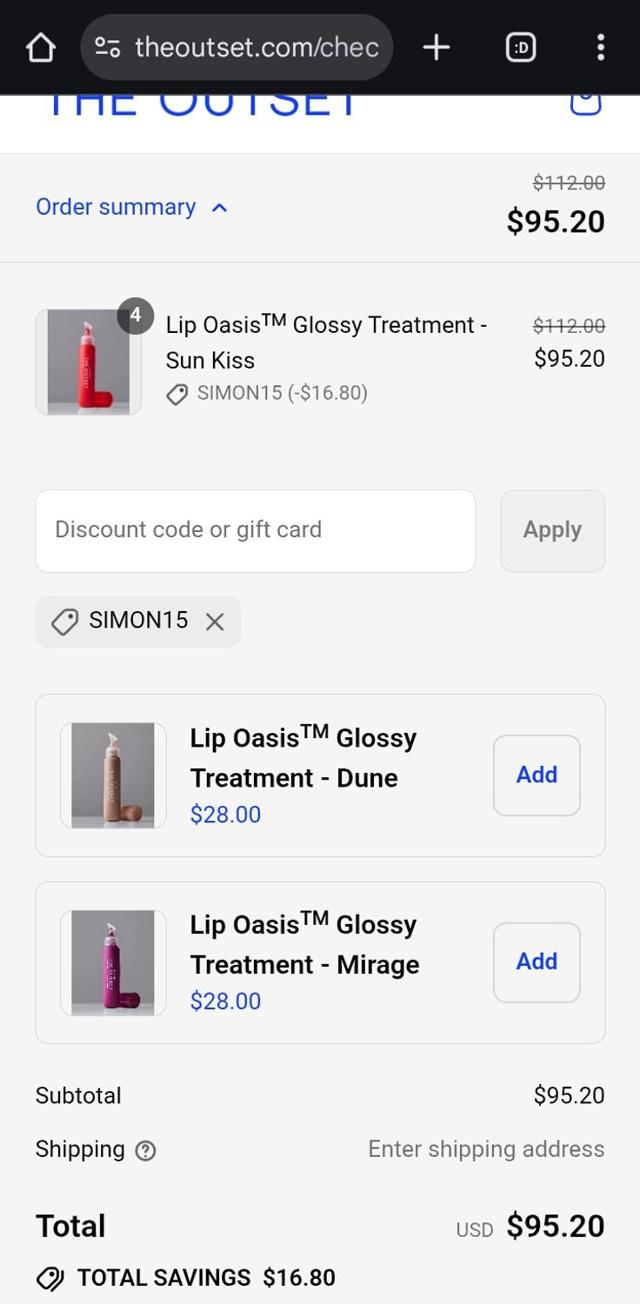 The Outset checkout page showing The Outset discount code box | Screenshot taken by SimplyCodes community member on Sep 15, 2025
