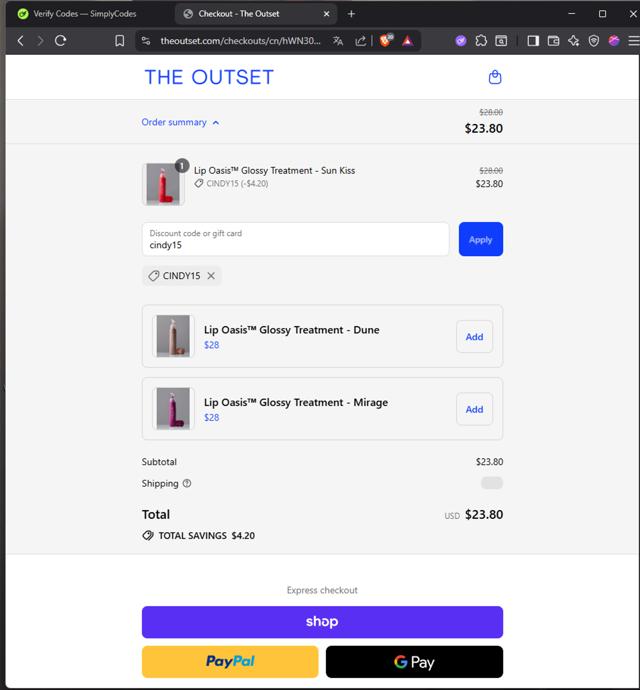 The Outset checkout page showing The Outset discount code box | Screenshot taken by SimplyCodes community member on Sep 15, 2025