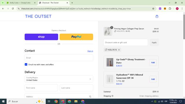 The Outset checkout page showing The Outset discount code box | Screenshot taken by SimplyCodes community member on Sep 15, 2025