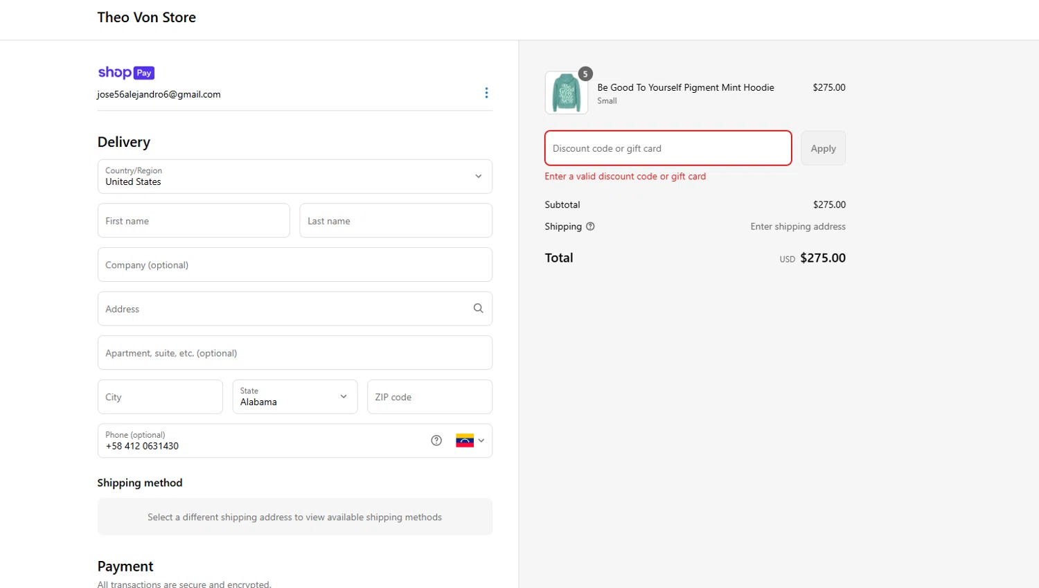 Theo Von Store discount code screenshot showing code THEO15 applied at Theo Von Store checkout page. Uploaded by SimplyCodes community member Kmacho on Jun 9, 2025