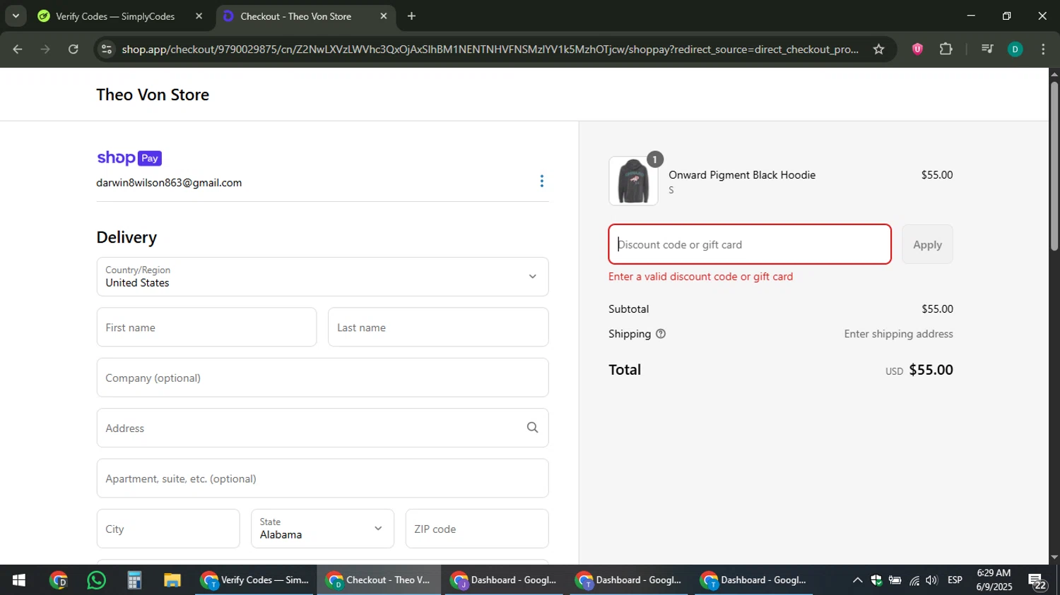 Theo Von Store discount code screenshot showing code THEO15 applied at Theo Von Store checkout page. Uploaded by SimplyCodes community member ThriftyLion6776 on Jun 9, 2025