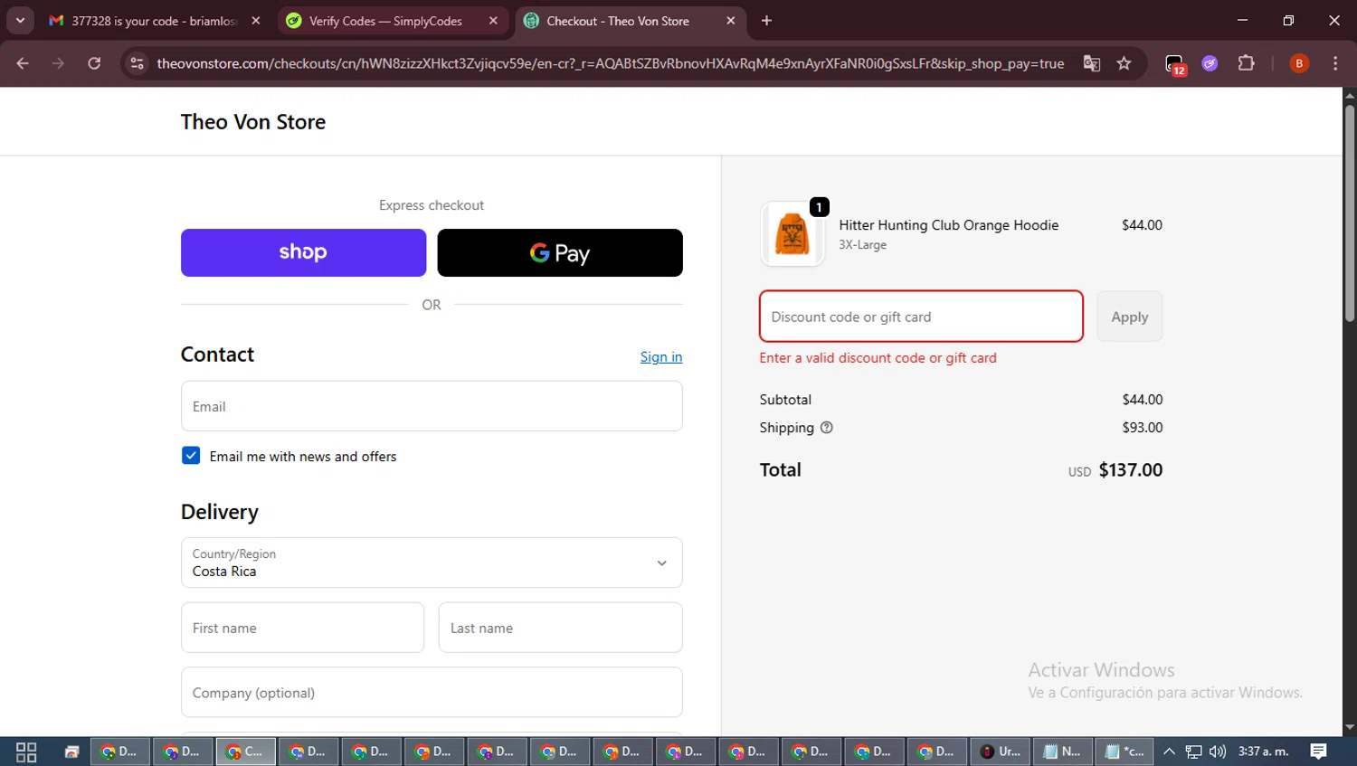 Theo Von Store discount code screenshot showing code THEO20 applied at Theo Von Store checkout page. Uploaded by SimplyCodes community member DiscountExpert6435 on Feb 20, 2026