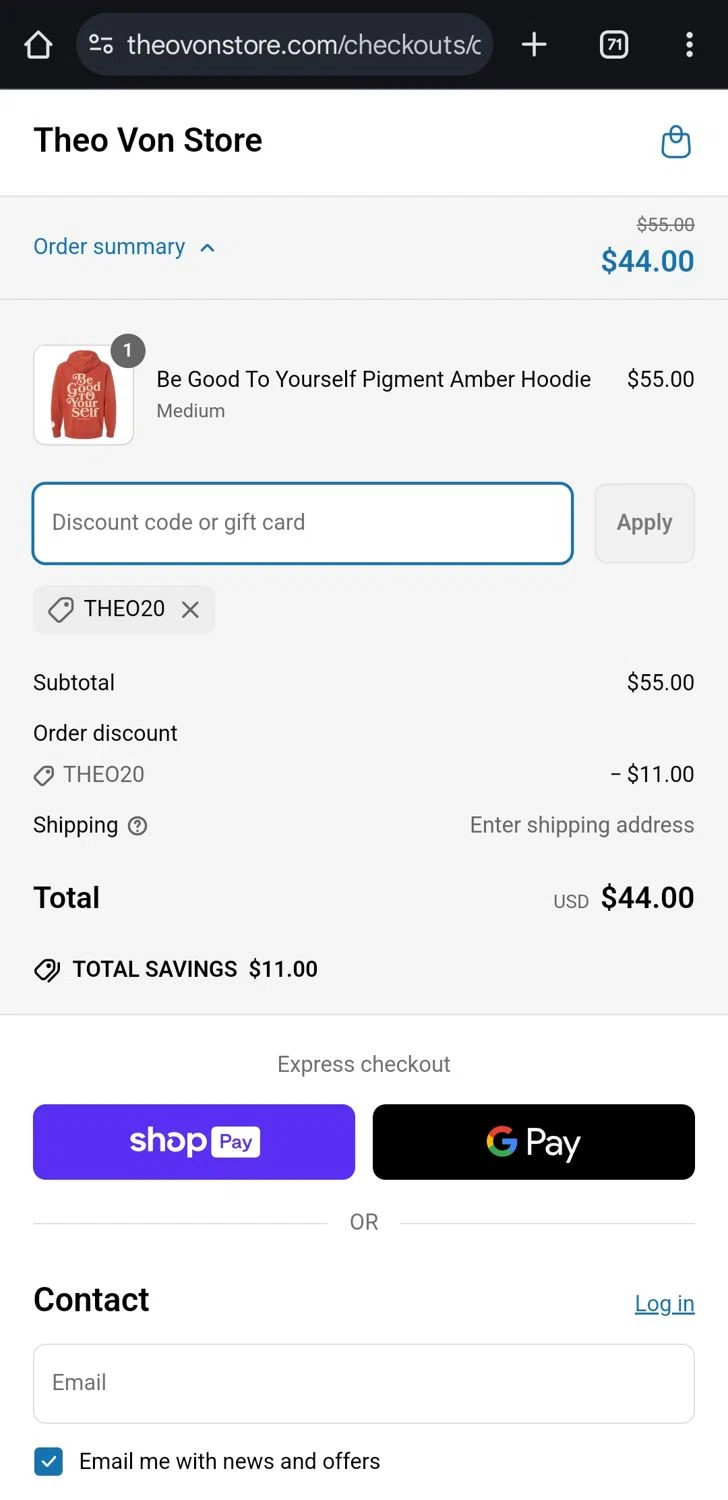 Theo Von Store checkout page showing Theo Von Store discount code box | Screenshot taken by SimplyCodes community member on Apr 15, 2025