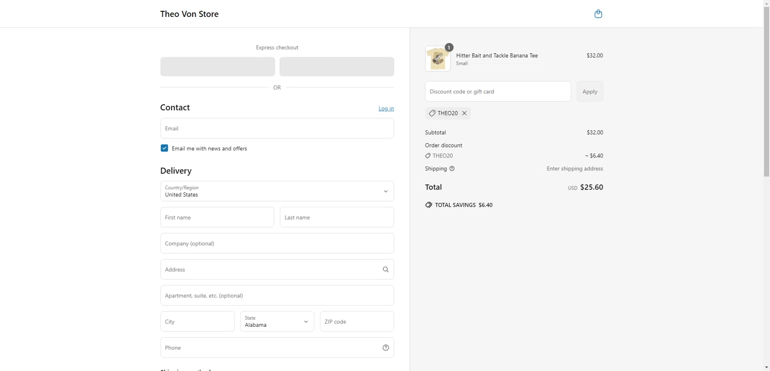 Theo Von Store checkout page showing Theo Von Store discount code box | Screenshot taken by SimplyCodes community member on May 18, 2025
