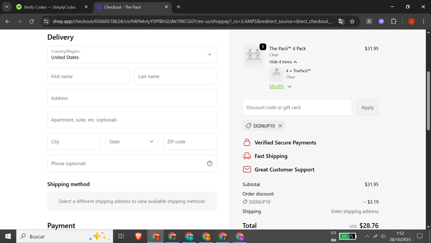 The Pacii discount code screenshot showing code Signup10 applied at The Pacii checkout page. Uploaded by SimplyCodes community member DORIANGEL on Oct 28, 2025