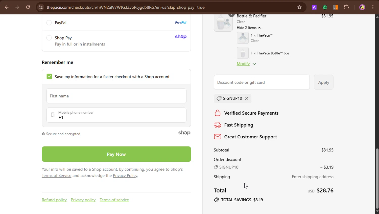The Pacii discount code screenshot showing code Signup10 applied at The Pacii checkout page. Uploaded by SimplyCodes community member PrincessCoupon on Sep 4, 2025