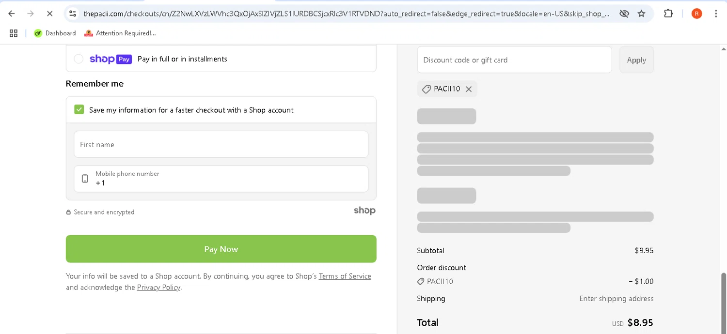 The Pacii discount code screenshot showing code PACII10 applied at The Pacii checkout page. Uploaded by SimplyCodes community member rodolfocaraballo on May 18, 2025