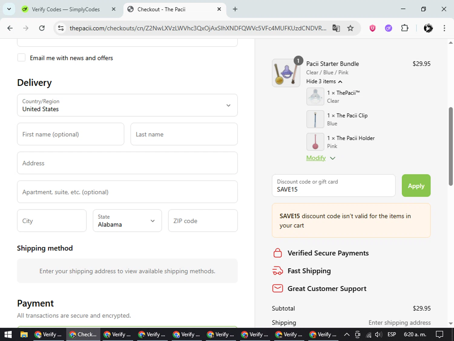 The Pacii discount code screenshot showing code SAVE15 applied at The Pacii checkout page. Uploaded by SimplyCodes community member SavvyChaser6563 on Jun 16, 2025