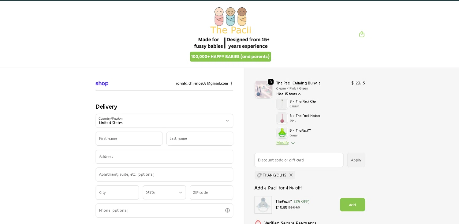The Pacii discount code screenshot showing code Thankyou15 applied at The Pacii checkout page. Uploaded by SimplyCodes community member BrilliantTitan7739 on Dec 6, 2025