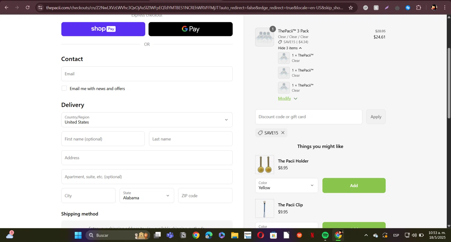 The Pacii discount code screenshot showing code SAVE15 applied at The Pacii checkout page. Uploaded by SimplyCodes community member ERI0810 on May 18, 2025