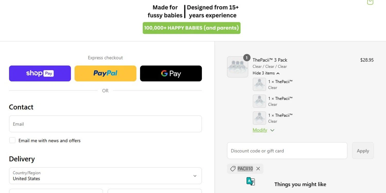 The Pacii discount code screenshot showing code PACII10 applied at The Pacii checkout page. Uploaded by SimplyCodes community member Quemiras on May 18, 2025