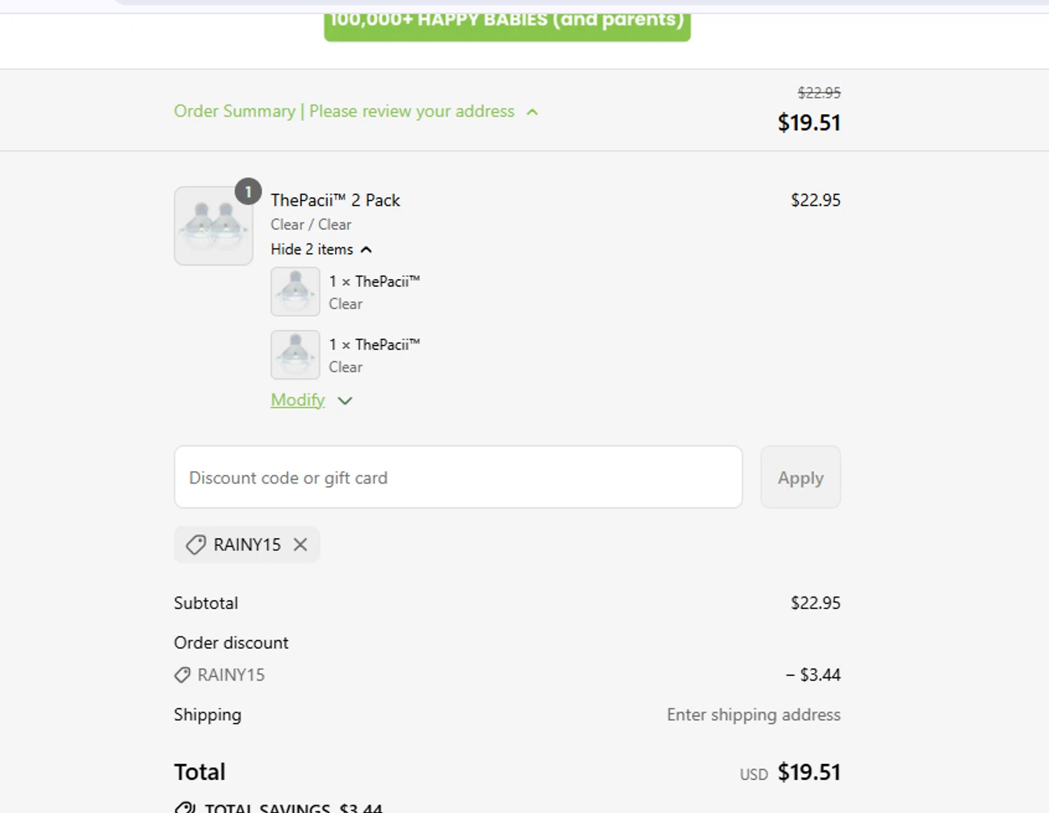 The Pacii discount code screenshot showing code rainy15 applied at The Pacii checkout page. Uploaded by SimplyCodes community member ashe1986 on Sep 9, 2025