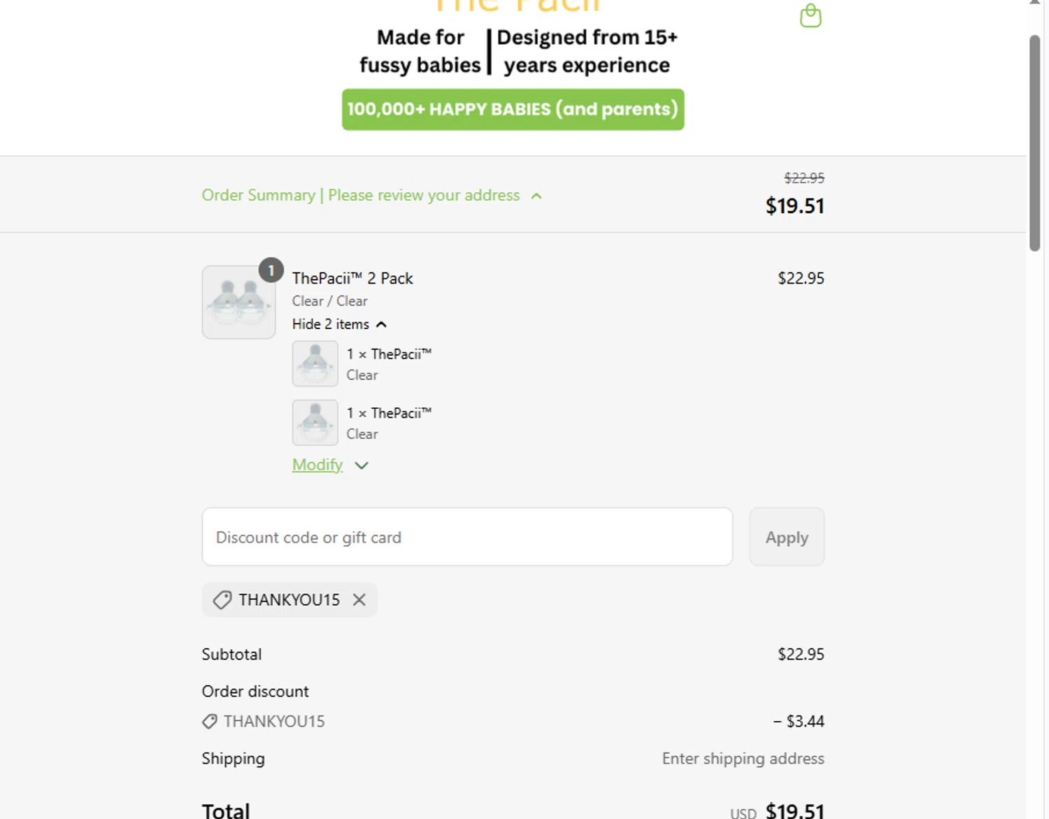 The Pacii discount code screenshot showing code Thankyou15 applied at The Pacii checkout page. Uploaded by SimplyCodes community member ashe1986 on Sep 9, 2025