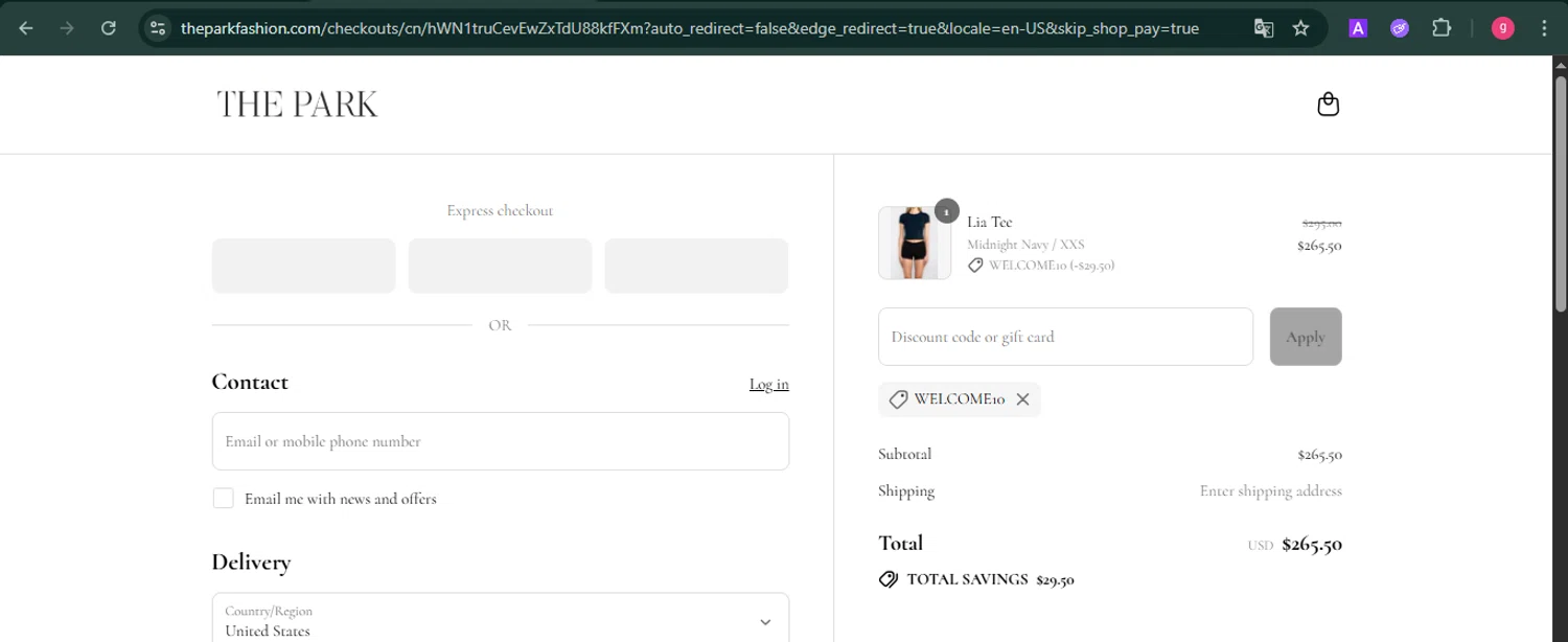 The Park discount code screenshot showing code WELCOME10 applied at The Park checkout page. Uploaded by SimplyCodes community member MoneyFalcon481 on Aug 17, 2025
