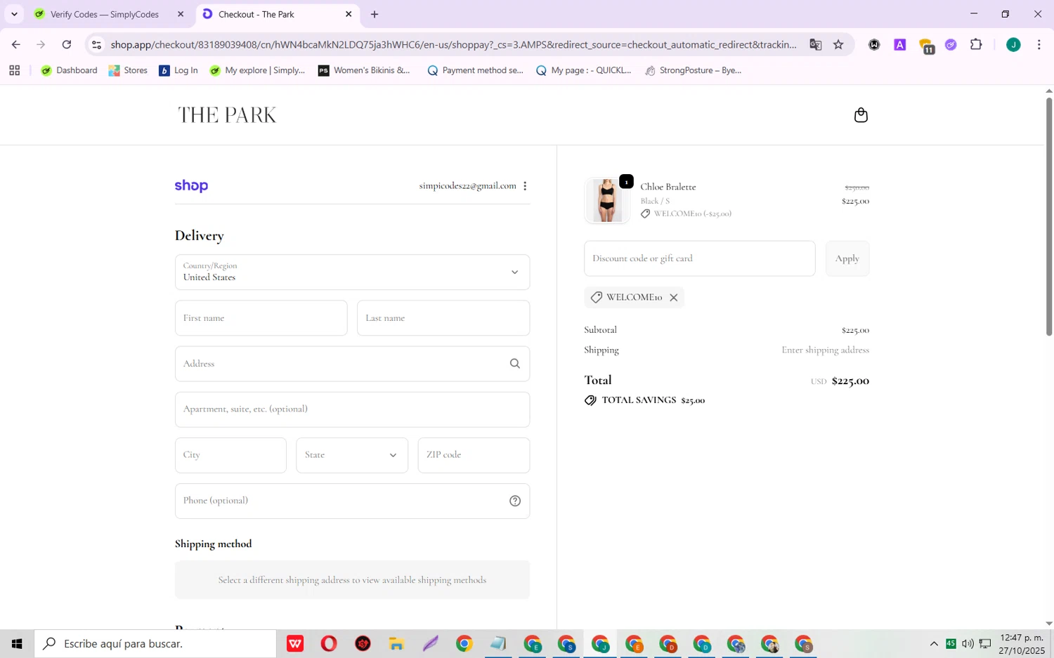 The Park discount code screenshot showing code WELCOME10 applied at The Park checkout page. Uploaded by SimplyCodes community member SarayH on Oct 27, 2025