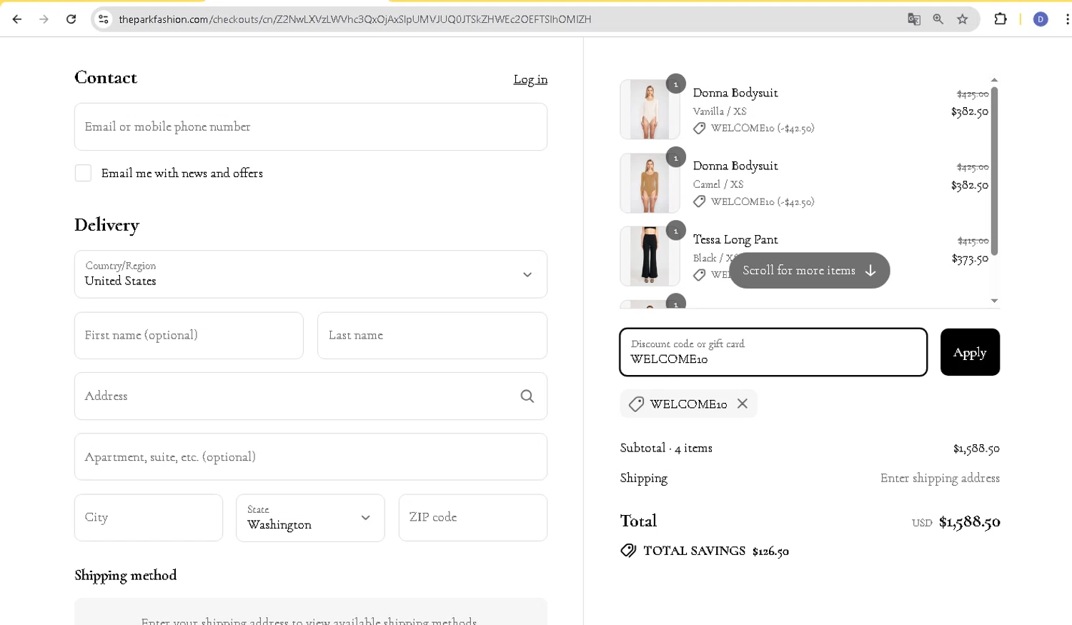 The Park discount code screenshot showing code WELCOME10 applied at The Park checkout page. Uploaded by SimplyCodes community member d566ty on Jul 10, 2025