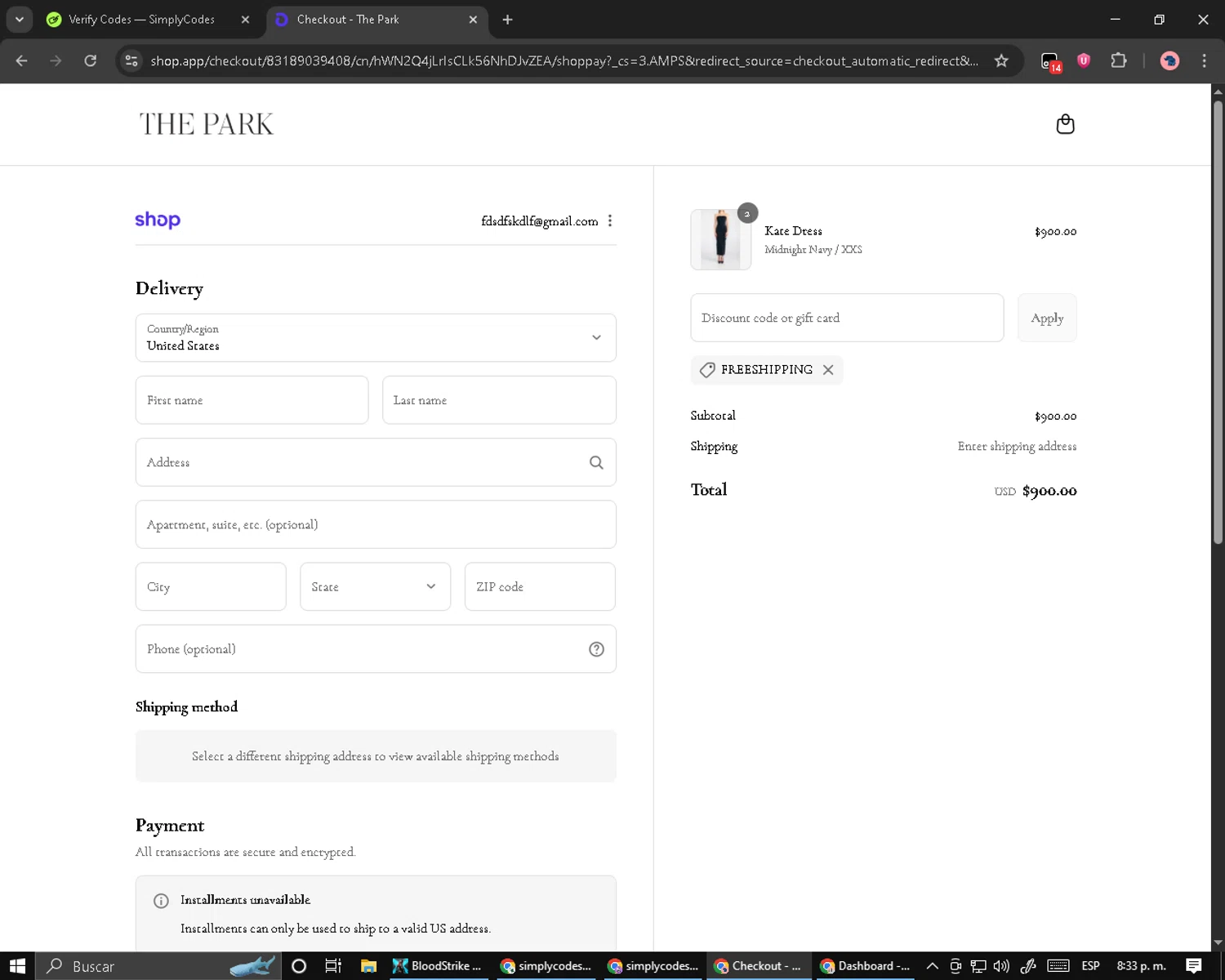 The Park discount code screenshot showing code FREESHIPPING applied at The Park checkout page. Uploaded by SimplyCodes community member Cynoxx on Aug 31, 2025