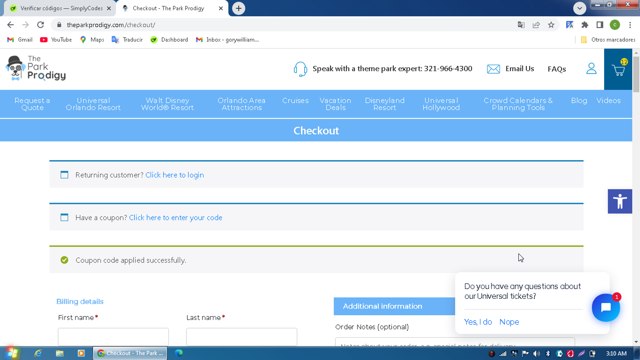 The Park Prodigy checkout page showing The Park Prodigy coupon code box | Screenshot taken by SimplyCodes community member on May 26, 2025
