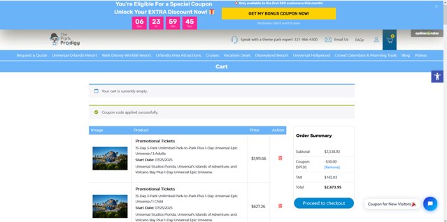 The Park Prodigy checkout page showing The Park Prodigy coupon code box | Screenshot taken by SimplyCodes community member on Jul 23, 2025