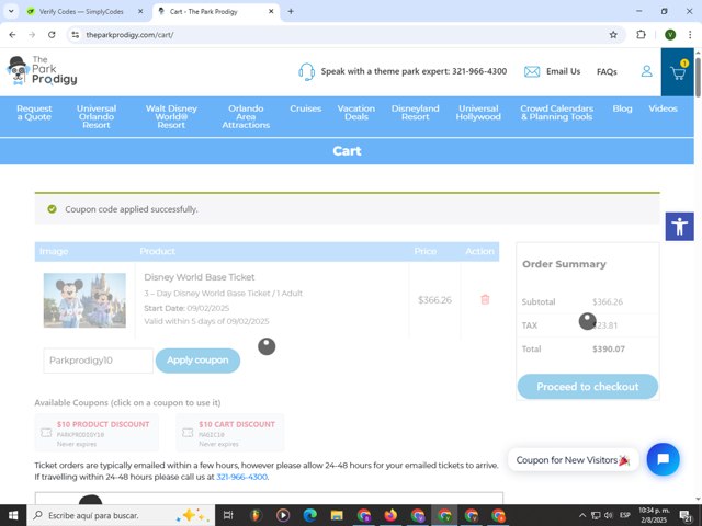 The Park Prodigy checkout page showing The Park Prodigy coupon code box | Screenshot taken by SimplyCodes community member on Aug 3, 2025