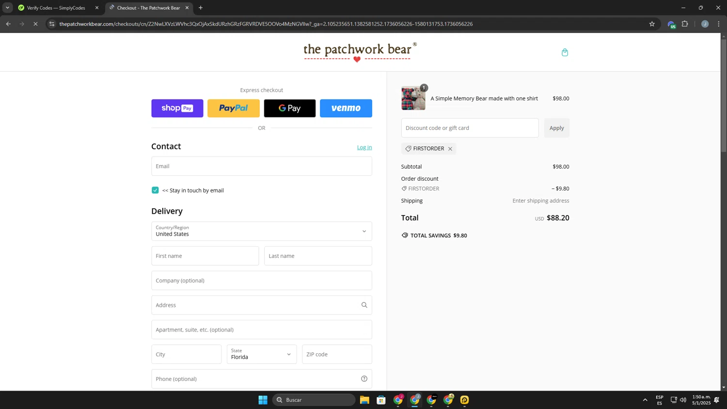 The Patchwork Bear promo code screenshot showing code FIRSTORDER applied at The Patchwork Bear checkout page. Uploaded by SimplyCodes community member Khaiden on Jan 5, 2025