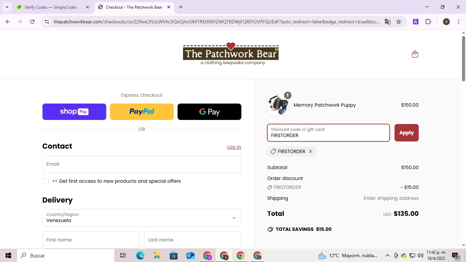 The Patchwork Bear promo code screenshot showing code FIRSTORDER applied at The Patchwork Bear checkout page. Uploaded by SimplyCodes community member CodeMaverick246 on Apr 18, 2025