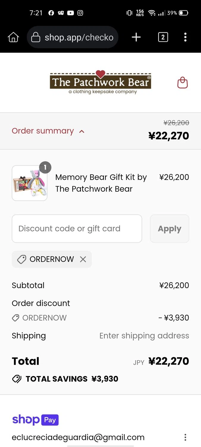 The Patchwork Bear promo code screenshot showing code ORDERNOW applied at The Patchwork Bear checkout page. Uploaded by SimplyCodes community member Wonderwoman82 on Jul 13, 2025
