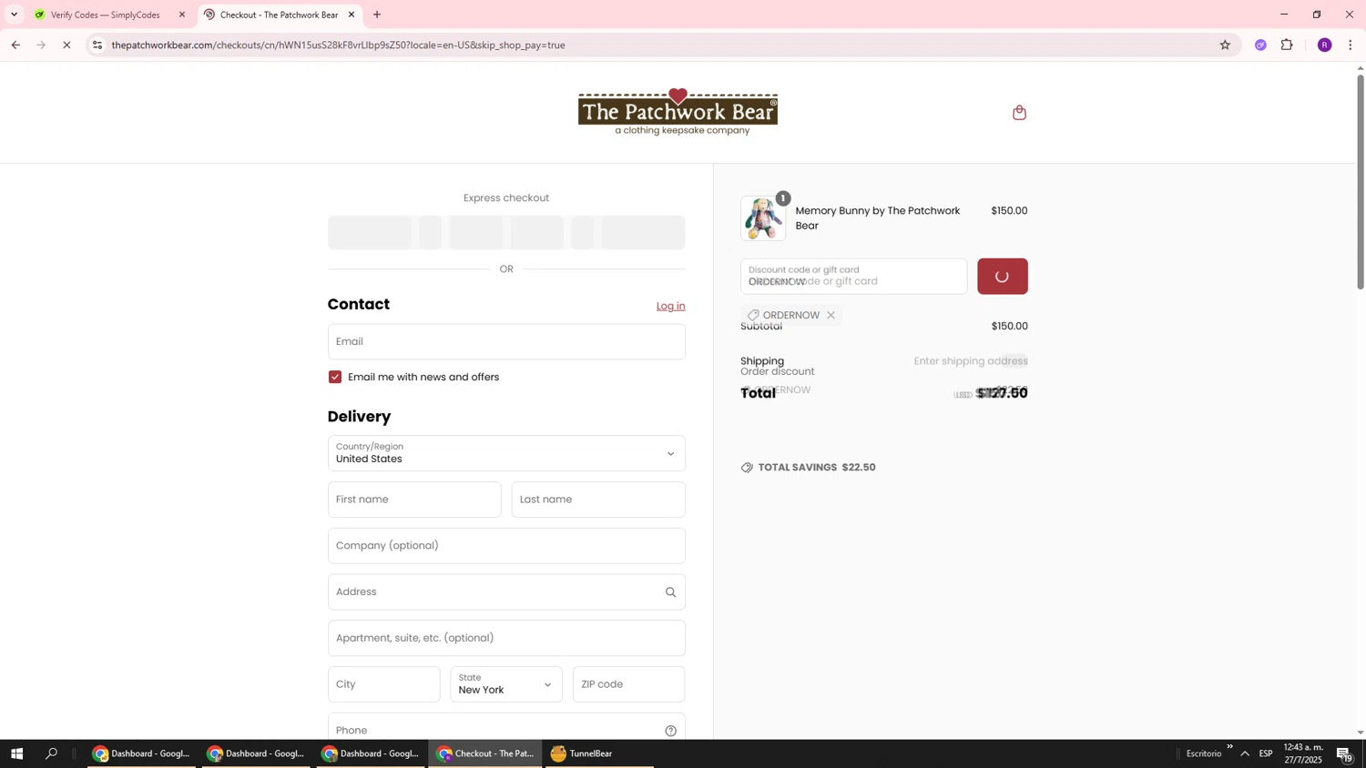 The Patchwork Bear promo code screenshot showing code ORDERNOW applied at The Patchwork Bear checkout page. Uploaded by SimplyCodes community member ukemochi on Jul 27, 2025