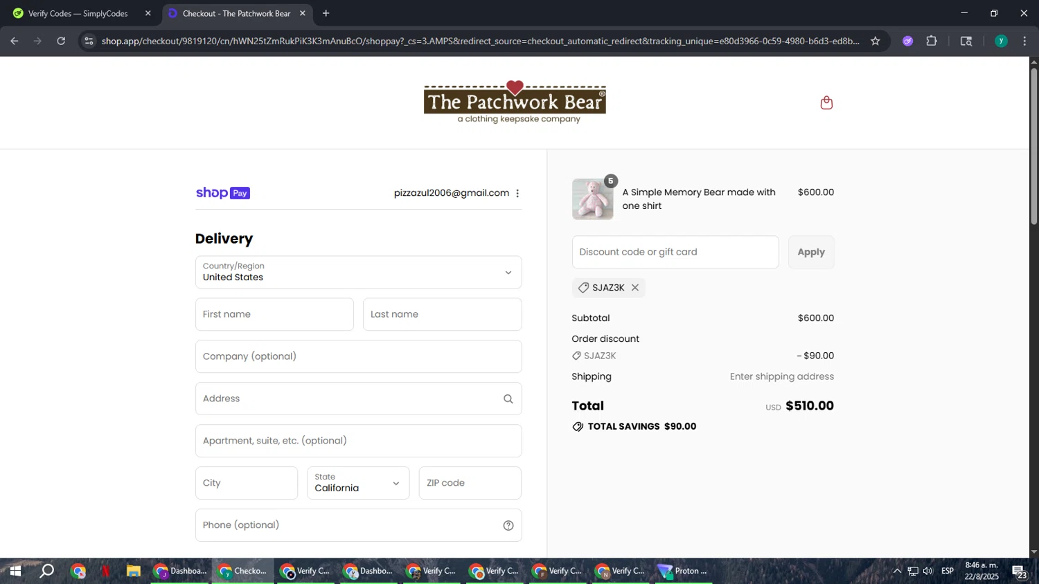 The Patchwork Bear promo code screenshot showing code SJAZ3K applied at The Patchwork Bear checkout page. Uploaded by SimplyCodes community member FrugalCaptain6906 on Aug 22, 2025
