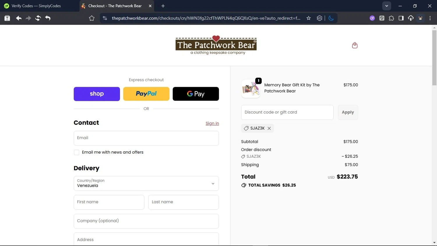 The Patchwork Bear promo code screenshot showing code SJAZ3K applied at The Patchwork Bear checkout page. Uploaded by SimplyCodes community member PromoSpotter1784 on Oct 3, 2025