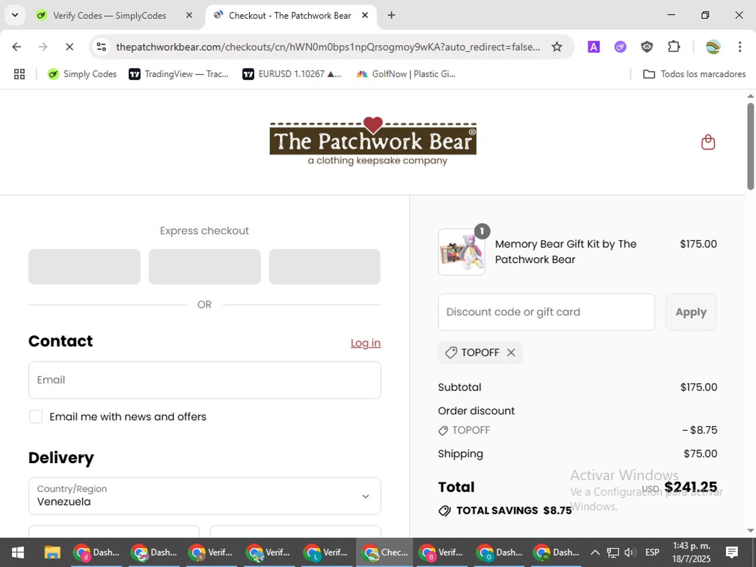 The Patchwork Bear promo code screenshot showing code TOPOFF applied at The Patchwork Bear checkout page. Uploaded by SimplyCodes community member CoinMaven5220 on Jul 18, 2025