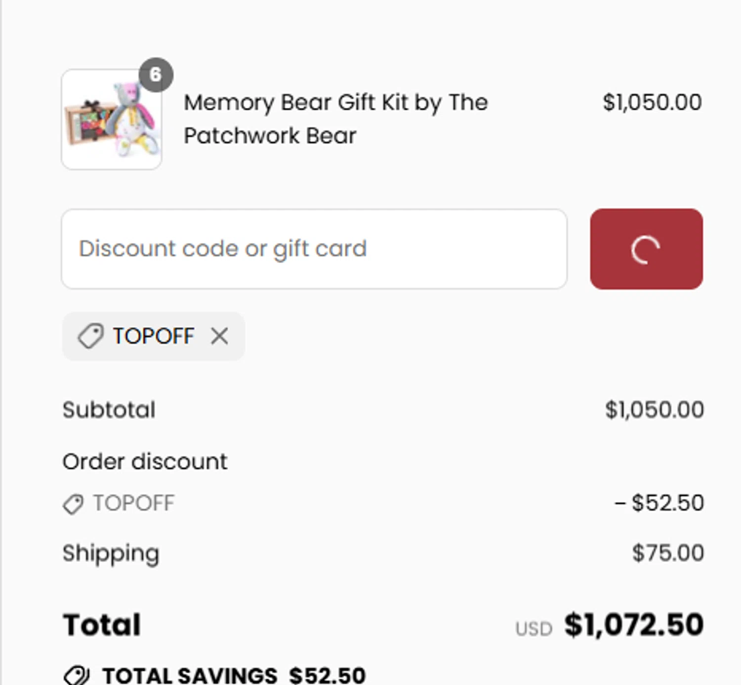 The Patchwork Bear promo code screenshot showing code TOPOFF applied at The Patchwork Bear checkout page. Uploaded by SimplyCodes community member manuelturizo on Jul 31, 2025
