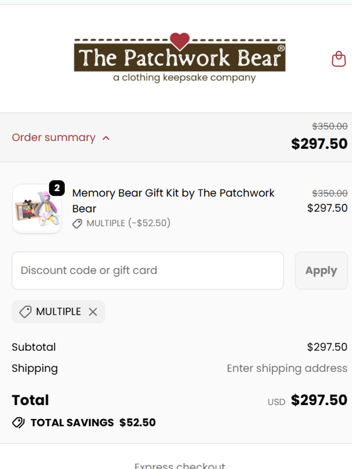 The Patchwork Bear promo code screenshot showing code MULTIPLE applied at The Patchwork Bear checkout page. Uploaded by SimplyCodes community member CleverLynx5188 on Nov 14, 2025