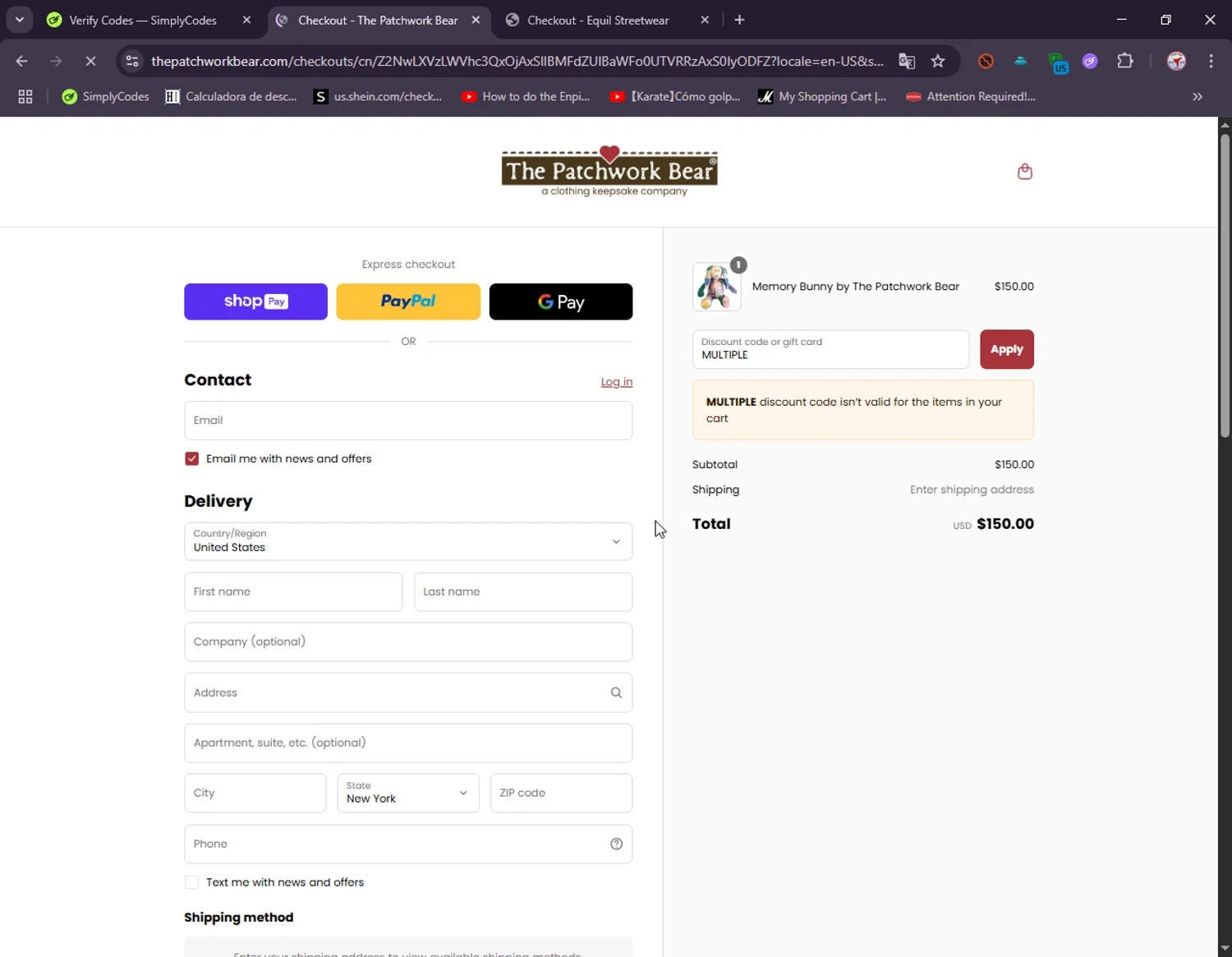 The Patchwork Bear promo code screenshot showing code MULTIPLE applied at The Patchwork Bear checkout page. Uploaded by SimplyCodes community member ElIntrepidoVolador on Jun 21, 2025