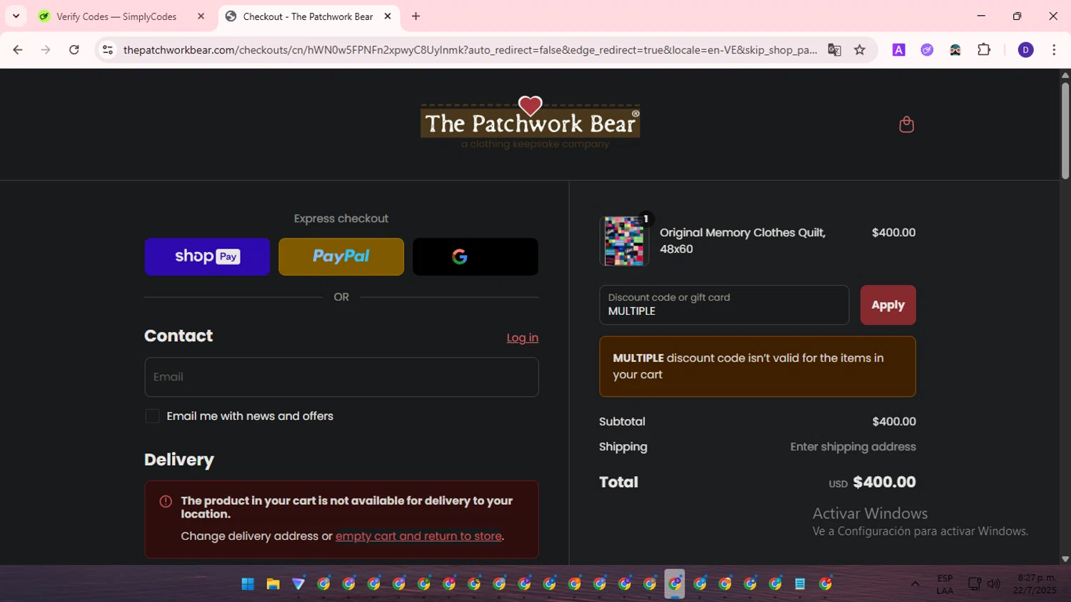 The Patchwork Bear promo code screenshot showing code MULTIPLE applied at The Patchwork Bear checkout page. Uploaded by SimplyCodes community member WonderLion2890 on Jul 23, 2025
