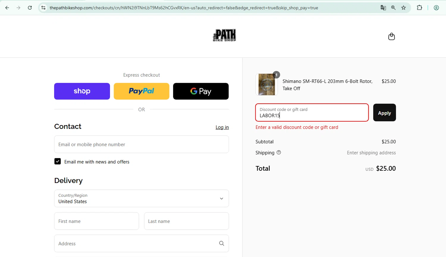 The Path Bike Shop discount code screenshot showing code LABOR15 applied at The Path Bike Shop checkout page. Uploaded by SimplyCodes community member oder007 on Sep 7, 2025