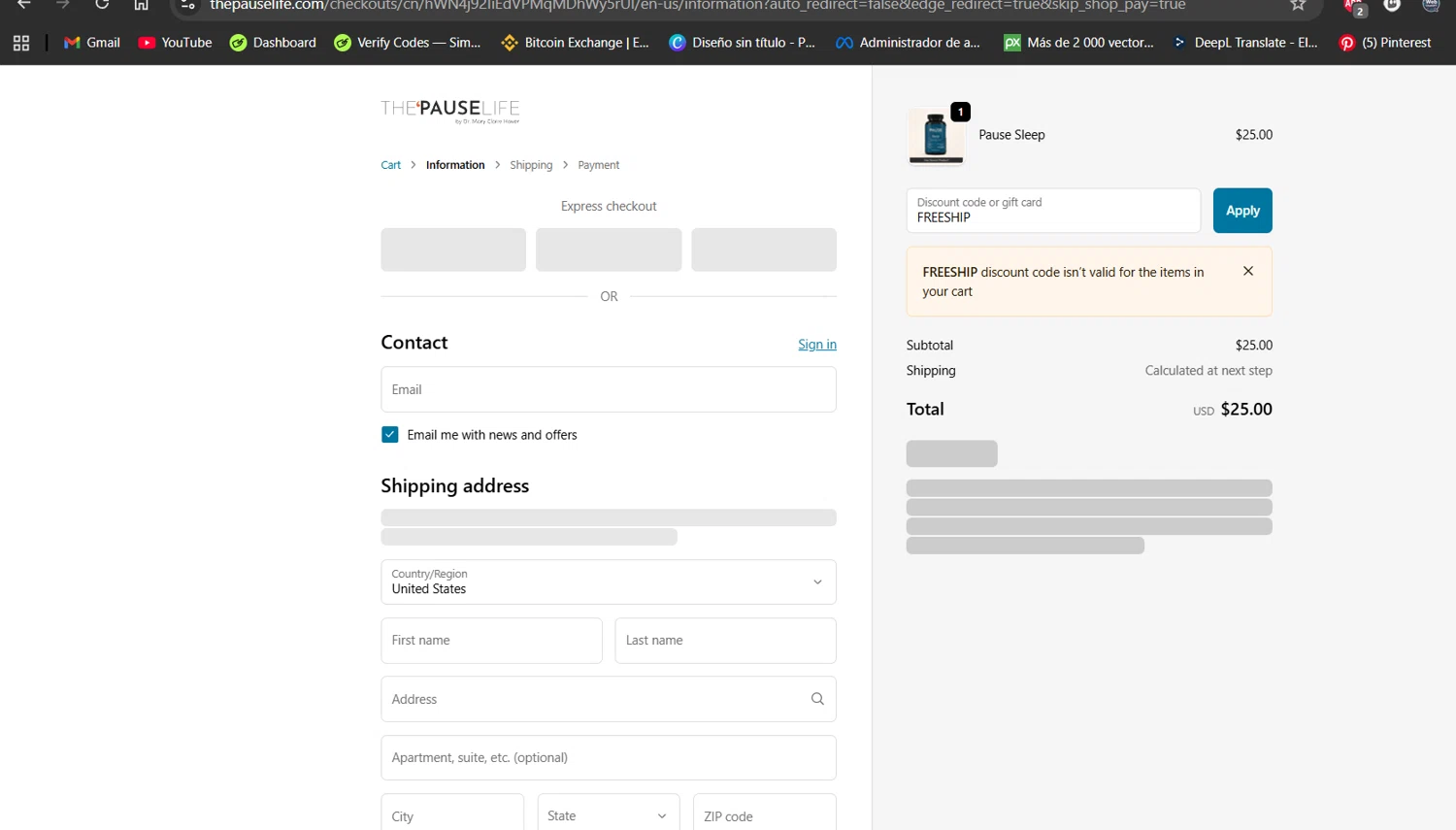 The 'Pause Life discount code screenshot showing code FREESHIP applied at The 'Pause Life checkout page. Uploaded by SimplyCodes community member LiShang on Oct 30, 2025