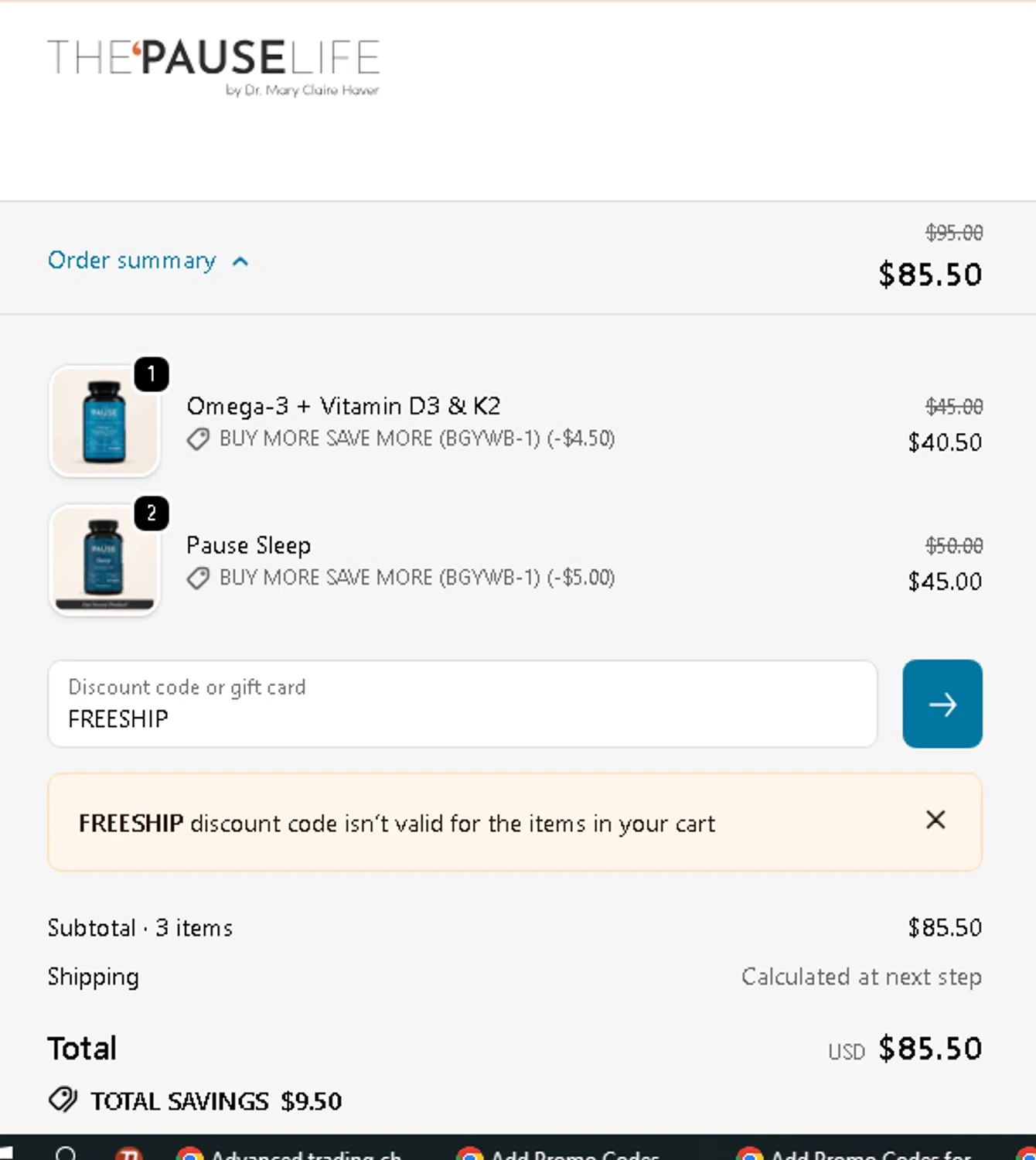 The 'Pause Life discount code screenshot showing code FREESHIP applied at The 'Pause Life checkout page. Uploaded by SimplyCodes community member AMANDA2681 on Oct 30, 2025